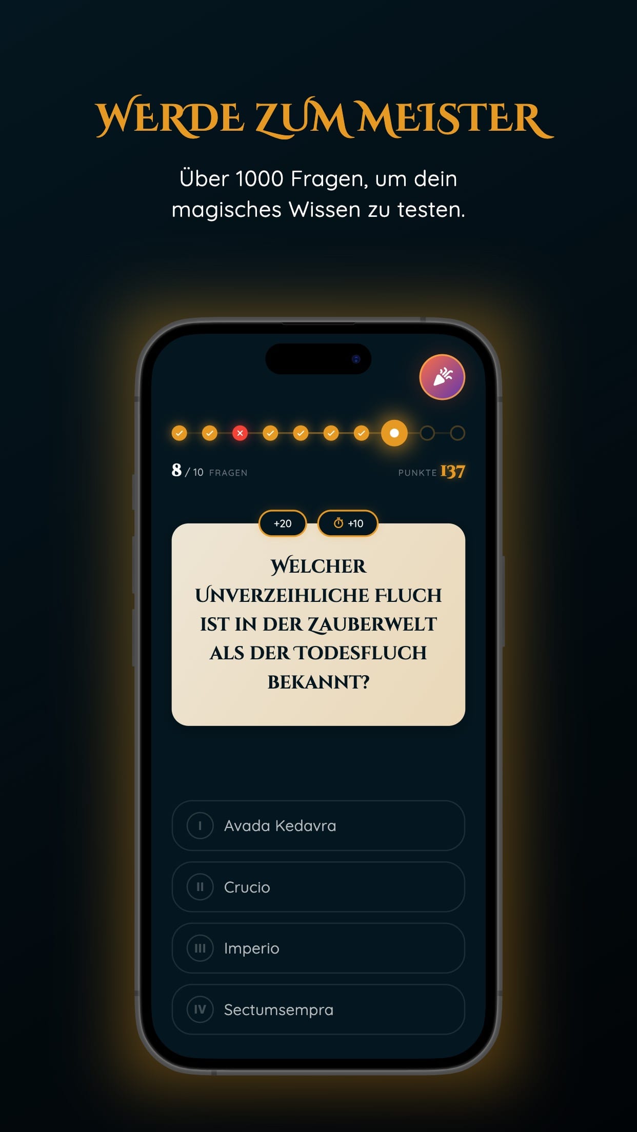 Quizfrage mit vier Antworten, Punktestand und Fortschrittsleiste